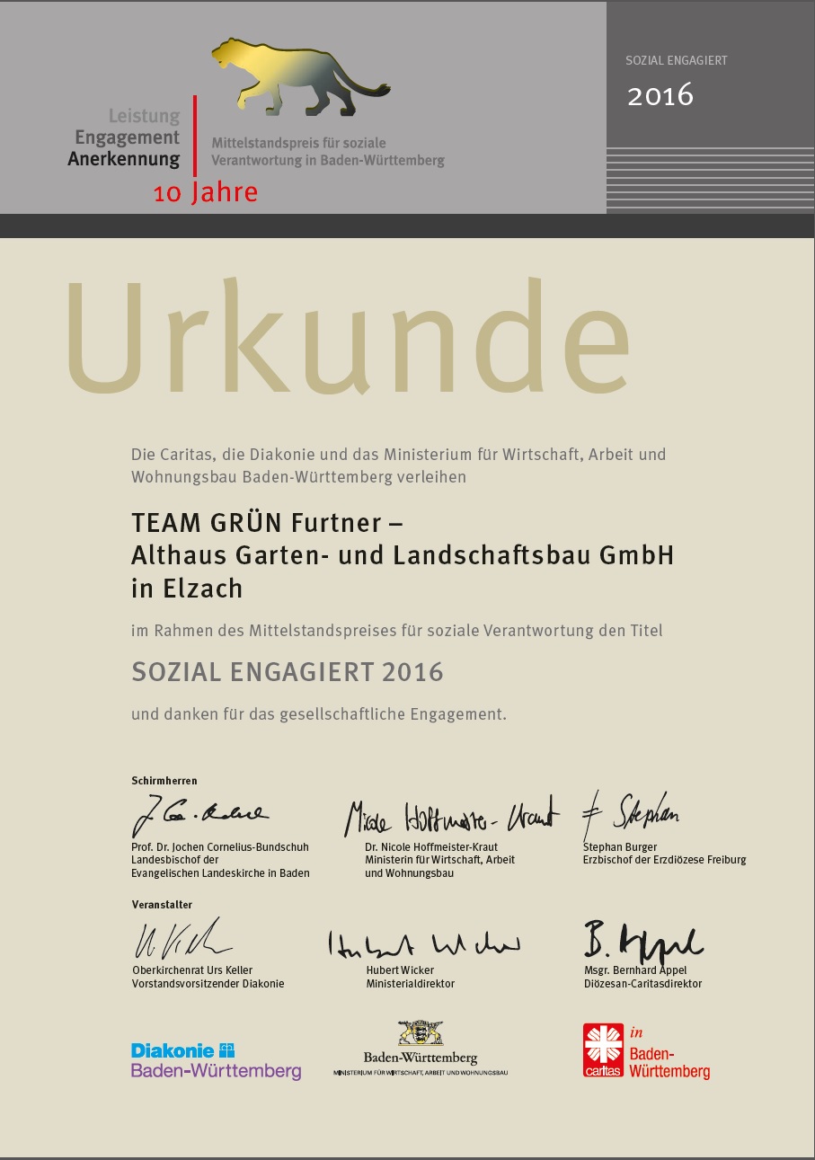 Urkunde für das Team Grün in Elzach für soziales Engagement